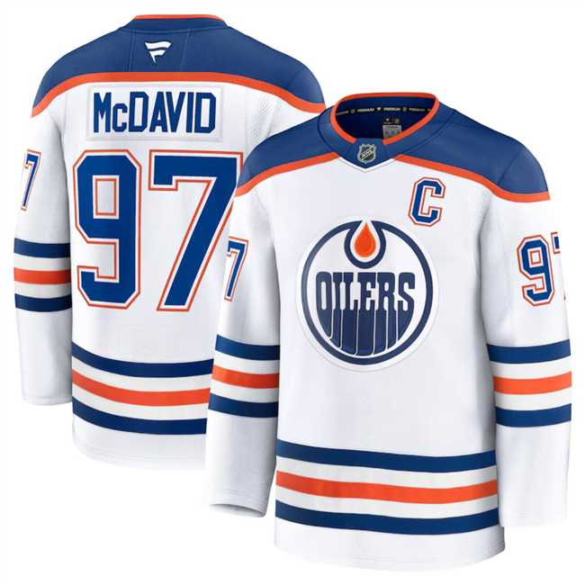 Mens Edmonton Oilers #97 Connor McDavid White 2024-25 Away Stitched Hockey Jersey Dzhi